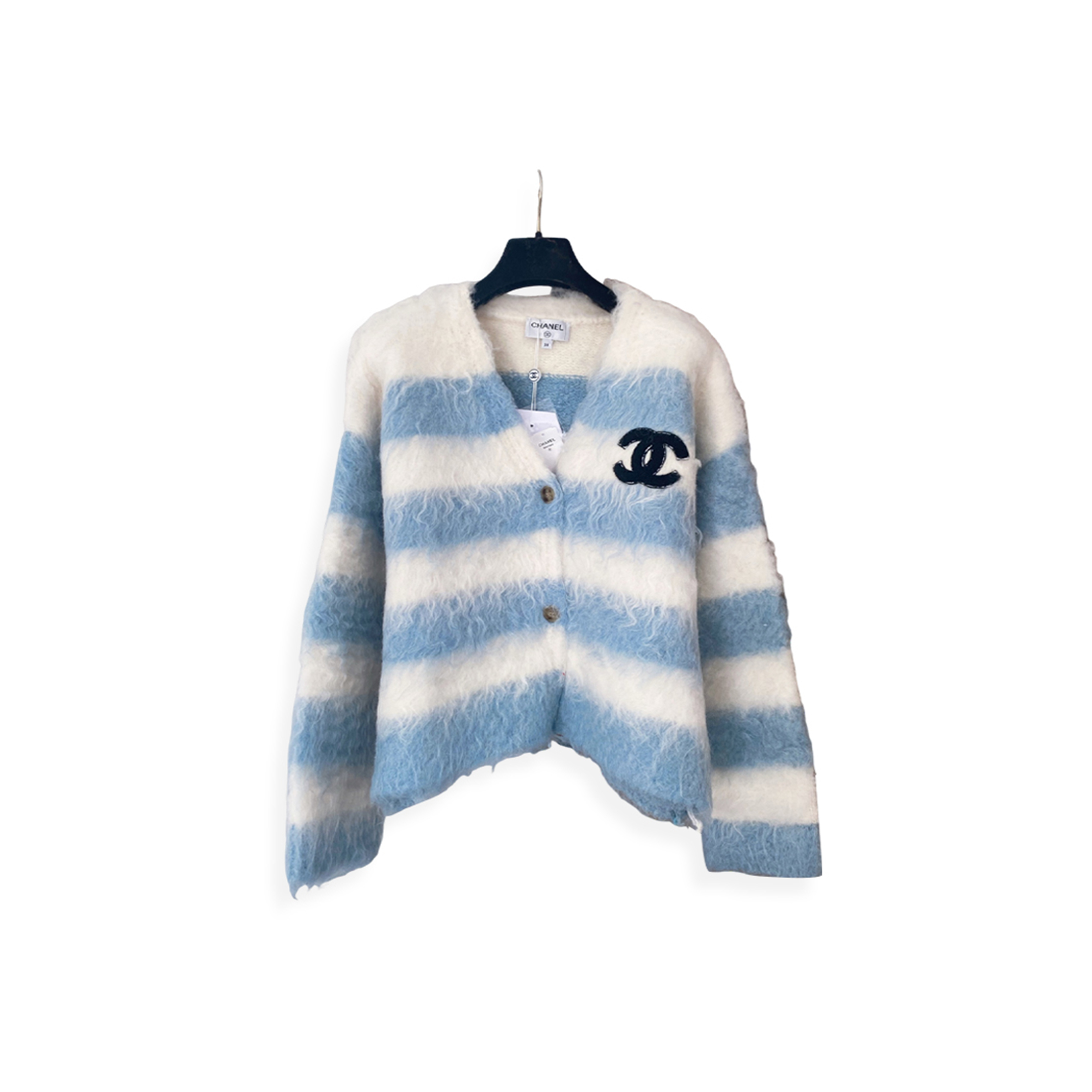 CHANEL MOHAIR V-NECK COLOR-BLOCKED STRIPED LONG-SLEEVED CARDIGAN 